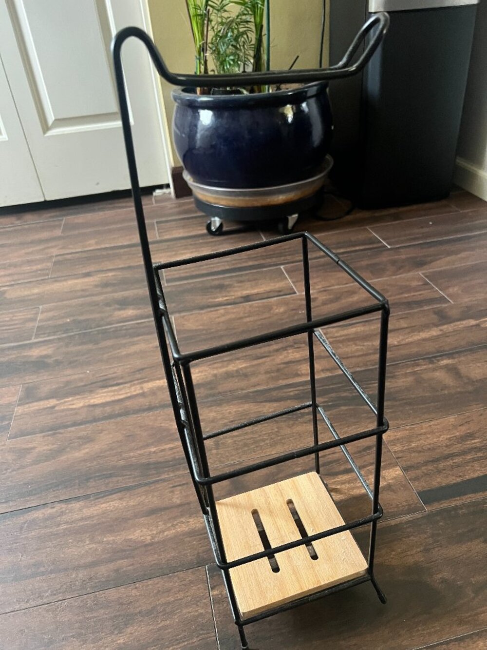 Modern Black Wire & Bamboo Freestanding Toilet Paper Stand Organizer